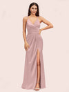 Sexy Spaghetti Straps V-neck Long Silky Soft Satin Formal Prom Dresses With Slit