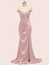 Sexy Spaghetti Straps V-neck Mermaid Long Satin Graduation Prom Dresses With Slit