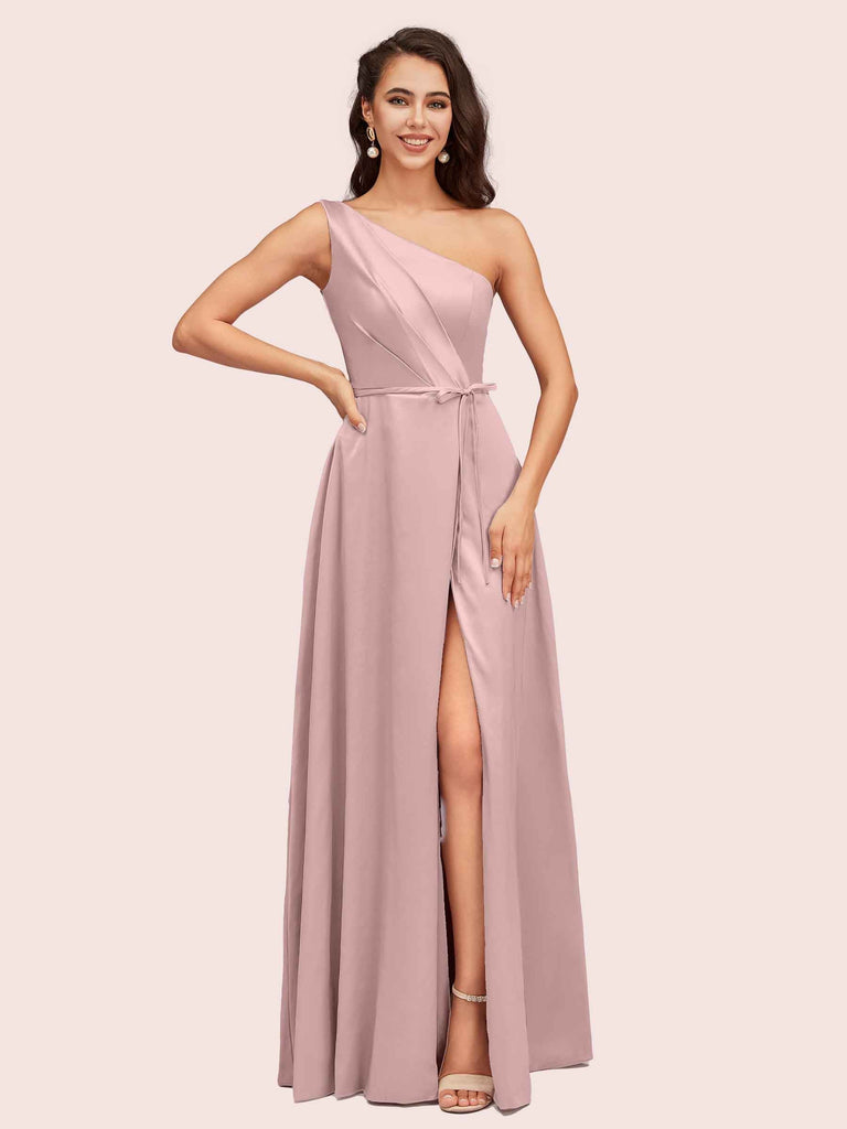 Elegant One Shoulder Side Slit Long Soft Satin Party Prom Dresses 2023