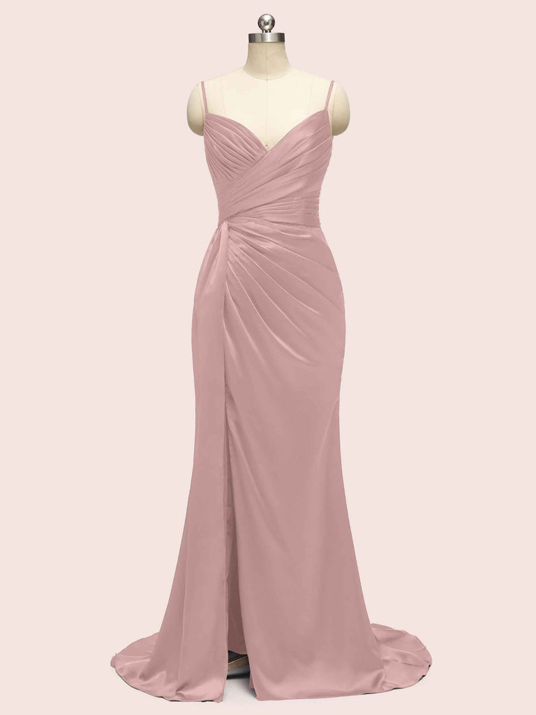 Sexy Mermaid Spaghetti Strap Long Side Slit Soft Satin Bridesmaid Dresses Online