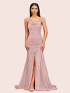 Sexy Backless Mermaid Spaghetti Straps Long Soft Satin Prom Dresses With Slit