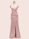 Sexy Mermaid Spaghetti Strap Side Slit Satin Long Formal Dresses For Women