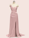 Sexy See Through Side Slit Long Soft Satin Bridesmaid Dresses 2023