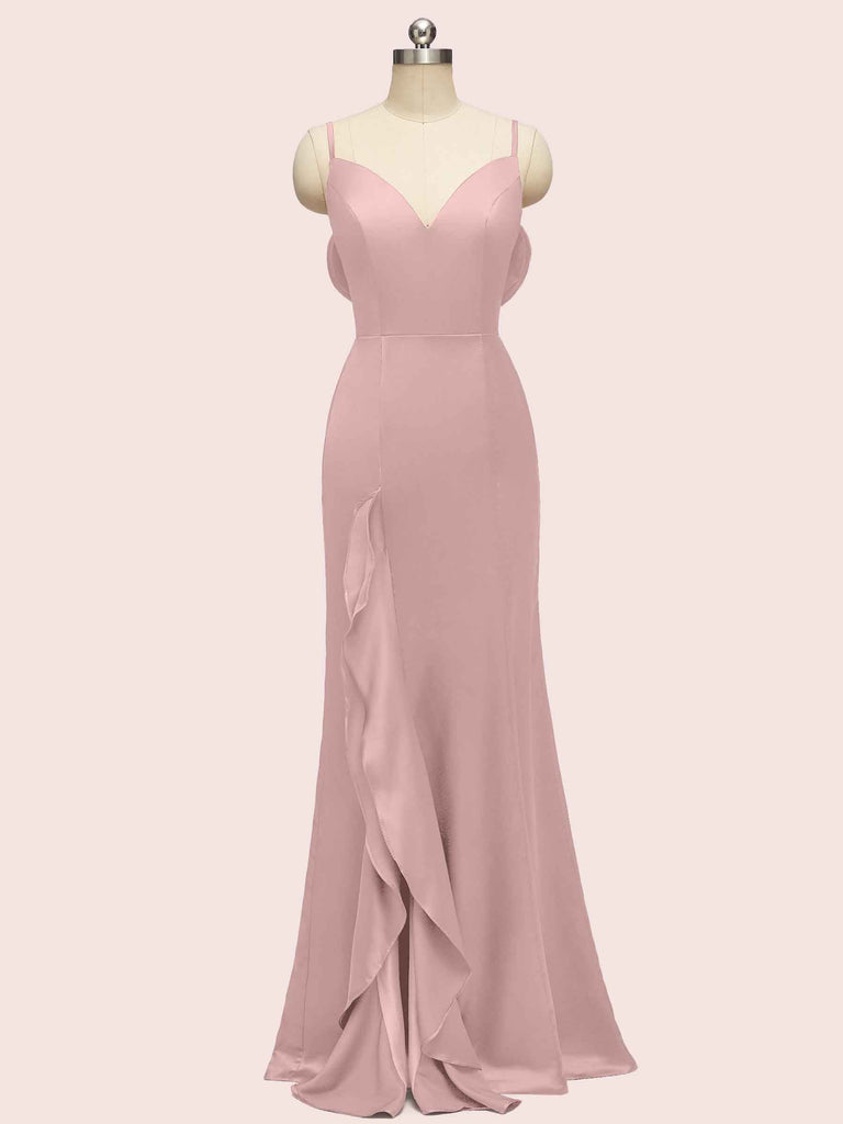 Sexy Mermaid Spaghetti Strap V-neck Long Soft Satin Prom Dresses With Slit