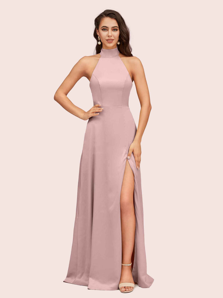 Elegant A-line High Neck Long Side Split Long Soft Satin Bridesmaid Dresses For Sale