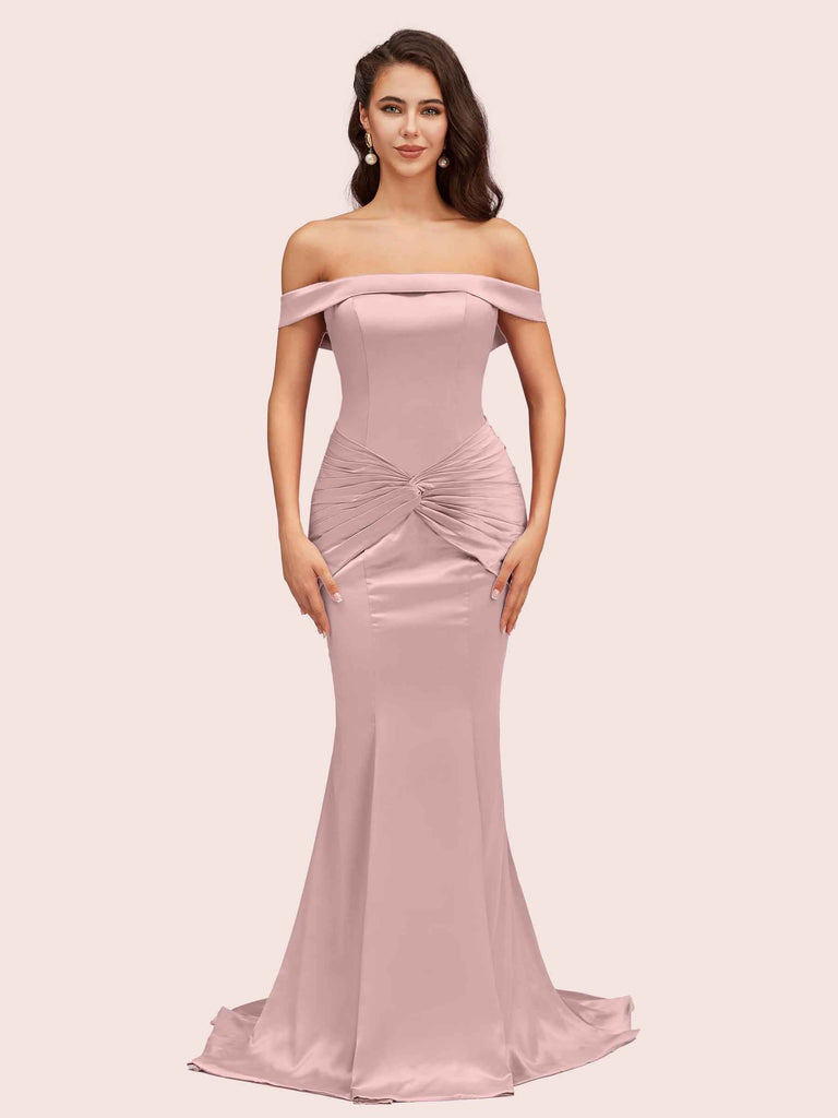 Sexy Off Shoulder Mermaid Long Silky Satin Formal Prom Dresses 2023