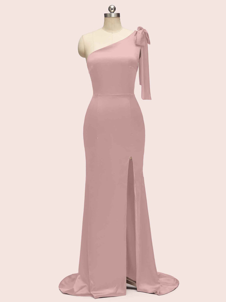 Sexy Mermaid One Shoulder Long Stretch Satin Bridesmaid Dresses With Slit