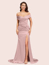 Sexy Side Slit Mermaid Off Shoulder Long Soft Satin Bridesmaid Dresses Online For Sale