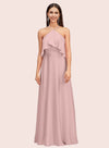 Cute Halter Sleeveless Long Soft Satin Graduation Prom Dresses Online