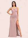 Sexy Spaghetti Straps Mermaid Long Soft Satin Graduation Prom Dresses With Slit
