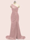 Sexy Mermaid One Shoulder Long Soft Satin Formal Prom Dresses With Slit