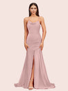 Sexy Backless Mermaid Spaghetti Straps Long Soft Satin Bridesmaid Dresses With Slit