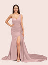 Sexy Mermaid One Shoulder Long Soft Satin Side Slit Bridesmaid Dresses
