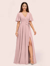 Elegant A-line V-neck Short Sleeves Long Bridesmaid Dresses With Slit