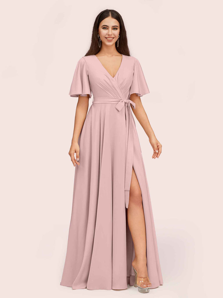 Elegant A-line V-neck Short Sleeves Long Bridesmaid Dresses With Slit