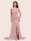 Sexy Mermaid One Shoulder Long Soft Satin Side Slit Bridesmaid Dresses Online