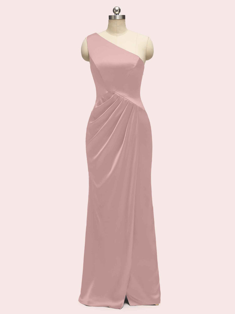 Elegant One Shoulder Long Soft Satin Mermaid Evening Prom Dresses With Slit