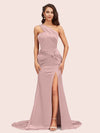 Sexy Mermaid One Shoulder Long Soft Satin Side Slit Bridesmaid Dresses Online For Sale