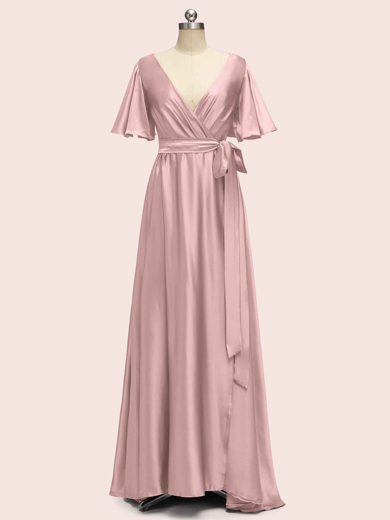 Elegant Bat Sleeves A-Line Long Soft Satin Party Prom Dresses Online