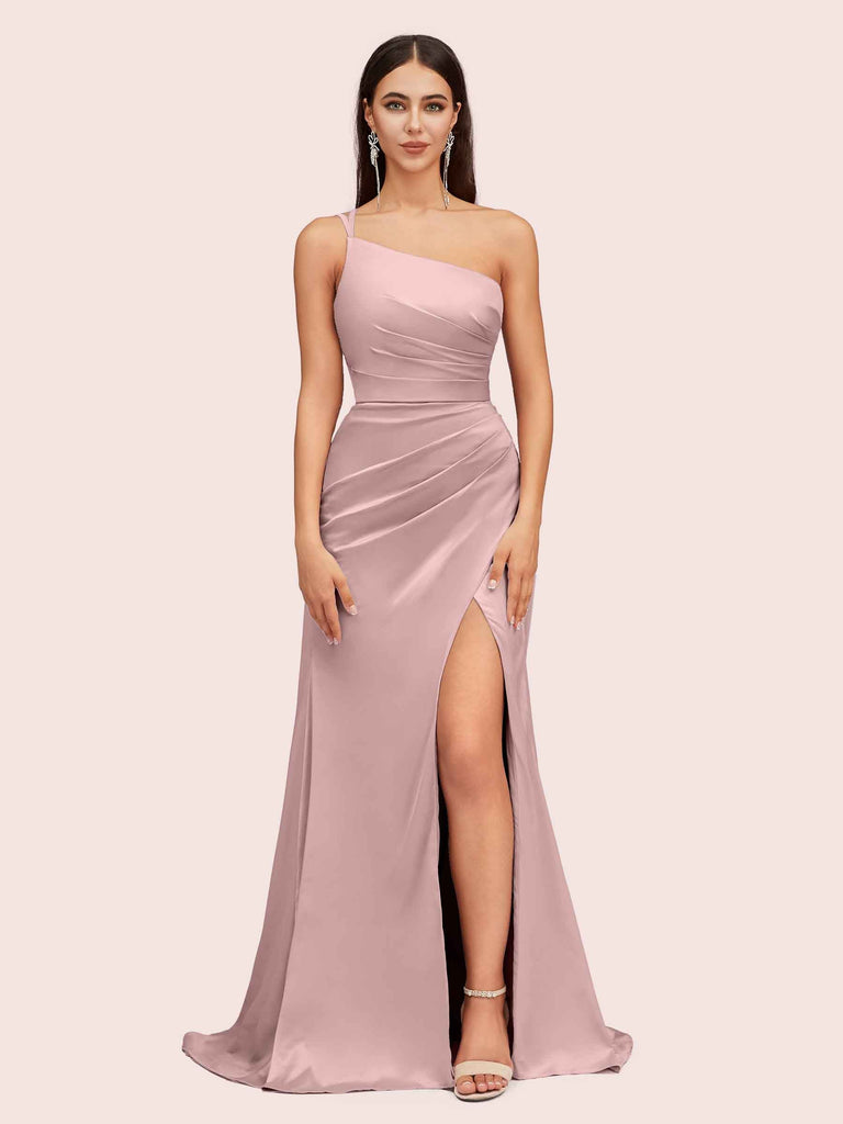 Satin One Shoulder Side Slit Long Bridesmaid Dresses