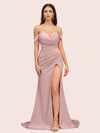 Sexy Side Slit Off Shoulder Long Soft Satin Mermaid Bridesmaid Dresses For Sale