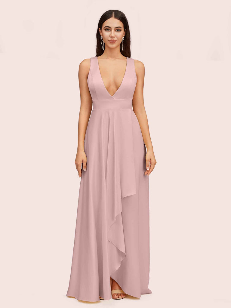 Elegant A-Line V-Neck Long Soft Satin Evening Prom Dresses Online