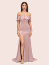 Elegant Soft Satin Off Shoulder Long Mermaid Bridesmaid Dresses With Slit