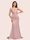 Sexy V-Neck Mermaid Long Silky Satin Formal Prom Dresses For Women