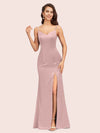 Simple Spaghetti Straps Mermaid Long Silky Satin evening Prom Dresses With Slit