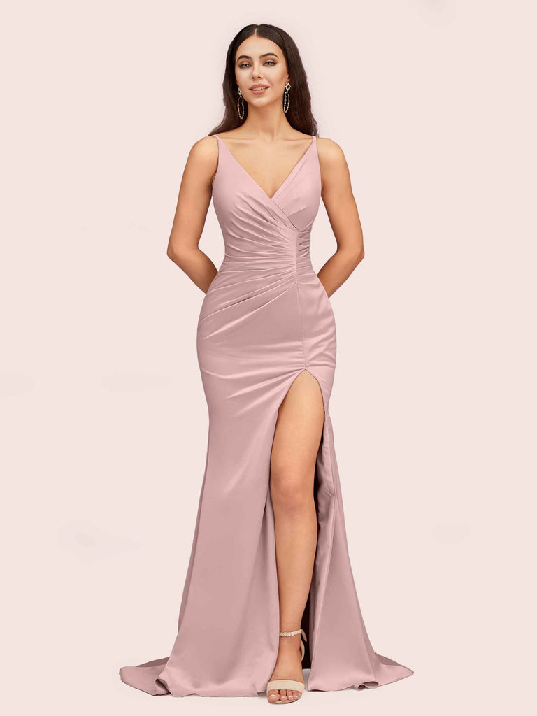 Sexy Mermaid V-neck Side Slit Long Soft Satin Graduation Prom Dresses Online