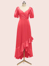 Beautiful Short Sleeves V-Neck Soft Satin Cheap Short Bridesmaid Dresses