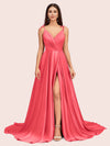 Elegant Spaghetti Straps V-neck Long Soft Satin Side Slit Bridesmaid Dresses