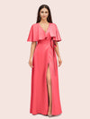 Elegant Bat Sleeves V-neck Side Slit Long Soft Satin Party Prom Dresses 2023