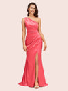 Elegant One Shoulder Mermaid Side Slit Silky Satin Evening Prom Dresses Online