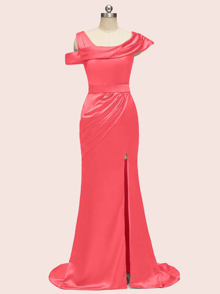 Sexy Side Slit Mermaid Long Soft Satin Women's Evening Prom Dresses With Slit
