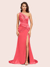 Sexy Side Slit Mermaid One Shoulder Long Soft Satin Evening Prom Dresses Online