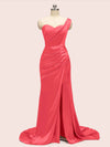 Sexy One Shoulder Long Soft Satin Mermaid Party Prom Dresses With Slit