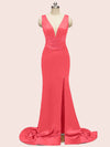 Sexy V-neck Criss Cross Side Slit Long Soft Satin Mermaid Formal Prom Dresses Online