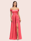 Sexy Off Shoulder Side Slit A-Line Long Soft Satin Bridesmaid Dresses Online