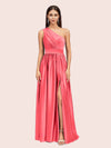 Unique One Shoulder Long Side Slit Soft Satin Graduation Prom Dresses 2023