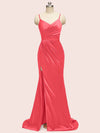 Fancy Spaghetti Straps Mermaid Long Soft Satin Girls Party Prom Dresses Online With Slit