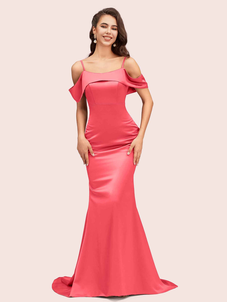 Sexy Mermaid Cold Shoulder Long Soft Satin Party Prom Dresses For Women