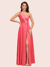 Elegant One Shoulder Side Slit Long Soft Satin Party Prom Dresses 2023