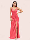 Sexy Spaghetti Straps V-neck Long Silky Soft Satin Formal Prom Dresses With Slit