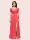 Elegant V-Neck Short Sleeves Long Soft Satin Party Prom Dresses With Slit