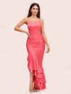 Sexy Unique Mermaid Spaghetti Straps Asymmetrical Soft Satin Formal Prom Dresses