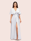 Elegant Bat Sleeves V-neck Side Slit Long Soft Satin Bridesmaid Dresses