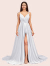 Elegant Spaghetti Straps A-line V-neck Long Soft Satin Side Slit Formal Prom Dresses