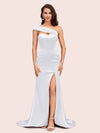 Sexy Mermaid One Shoulder Long Soft Satin Bridesmaid Dresses With Slit