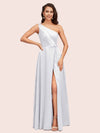 Elegant One Shoulder Side Slit Long Soft Satin Party Prom Dresses 2023
